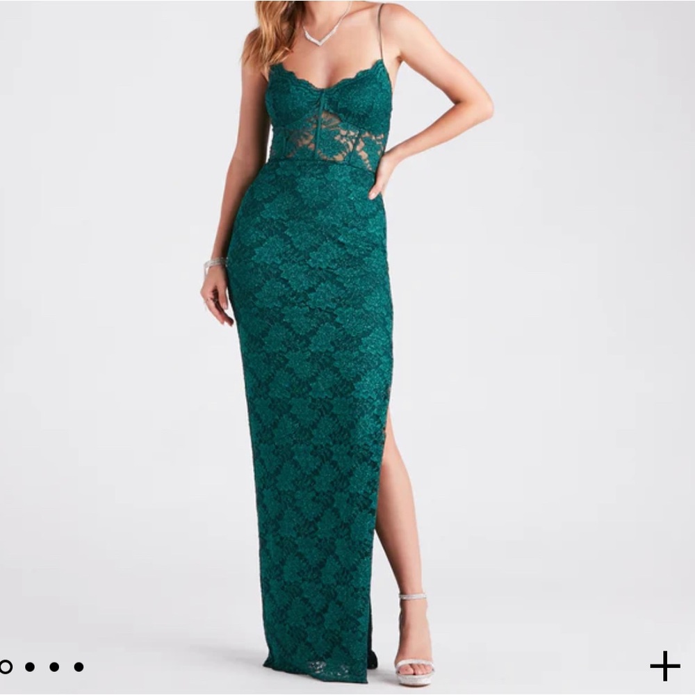 Windsor Adelaide Formal Glitter Lace Slit Long Dress.Size XL Color:Hunter Green - Picture 2 of 6